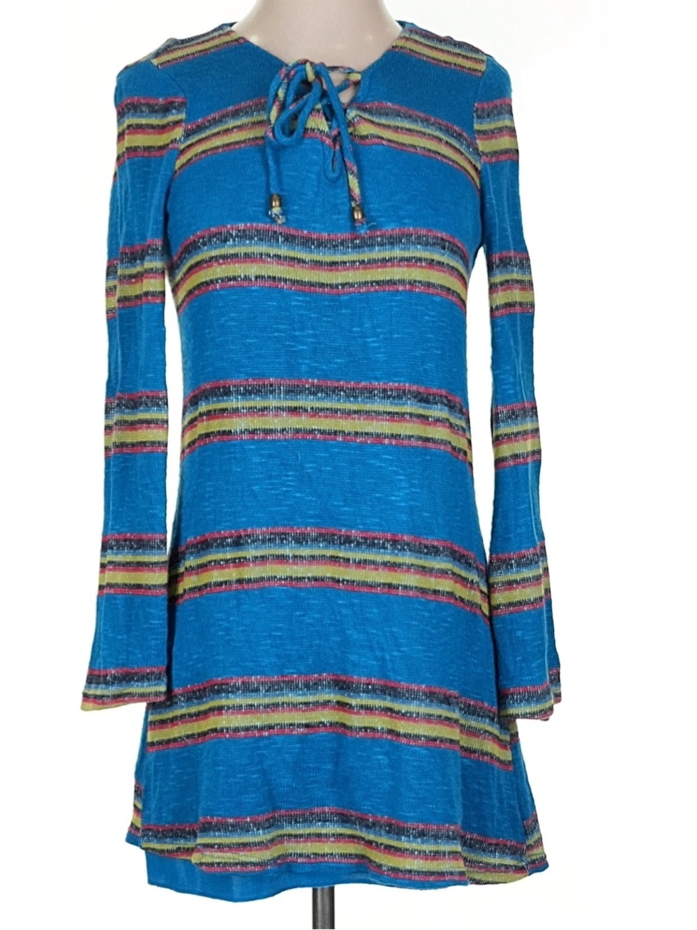 BeBop Teal Blue Striped Lace-Up Long Sleeve Dress